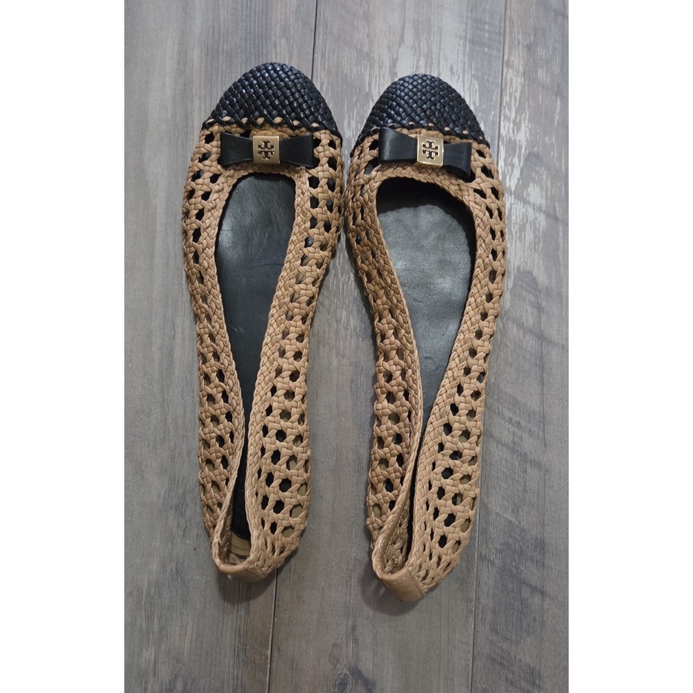 Tory Burch Carlyle Tan & Black Woven Leather Ballerina Flats W/Gold Bow Women 10 - Picture 2 of 5